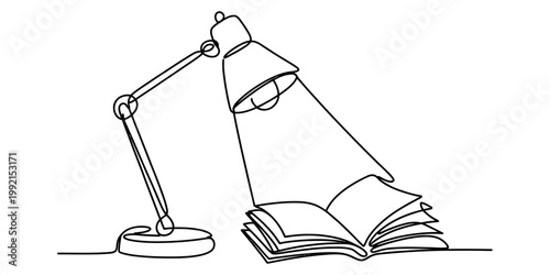 A single continuous line drawing of a classic desk lamp illuminating an open book on a clean white background for education. Vector, illustration