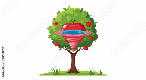 A whimsical red apple tree sprouts a vortex of blue water within a colossal apple