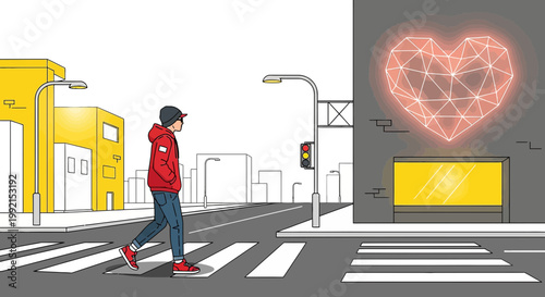 Man crossing street with glowing geometric heart hologram in city
