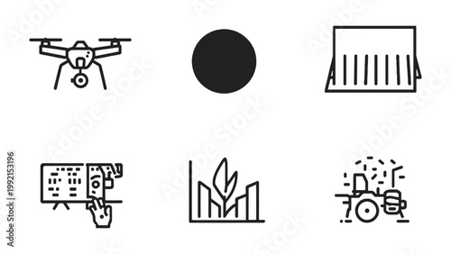 Agriculture Icon Set: A collection of meticulously crafted icons portraying various facets of agriculture, from drone surveillance to harvesting and data analysis.