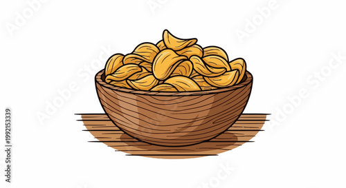 A wooden bowl overflowing with golden, crunchy potato chips on a wooden surface
