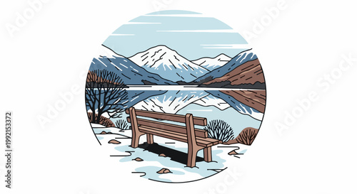 A tranquil winter scene featuring a wooden bench by a serene lake with snow-capped mountains reflected