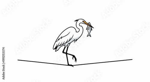 A white bird with a fish in its beak stands on a black line