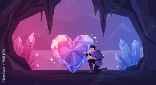 Man Discovers Giant Crystal Heart in Cave, Symbolizing Love, Discovery, and Inner Treasure