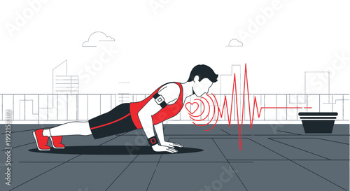 Man doing push-ups with heart rate monitor, fitness and health concept