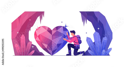 Man Discovering Giant Crystal Heart in Gemstone Cave, Love Treasure Discovery Concept