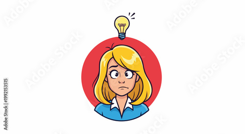 A surprised blonde woman with a lightbulb above her head