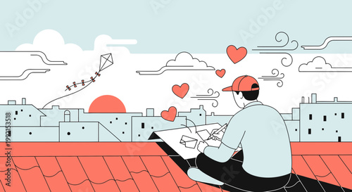 Man Drawing Kite and Hearts on Rooftop with Cityscape Background