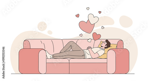 Man Dreaming of Love on Sofa with Floating Hearts