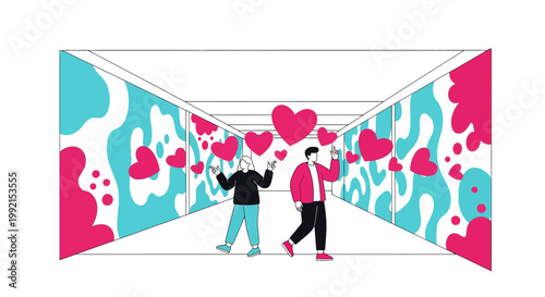 Couple in Hallway with Floating Hearts - Love, Romance, Connection Concept