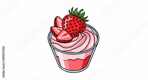 A sweet, pink dessert crowned with fresh strawberries, served in a clear glass cup
