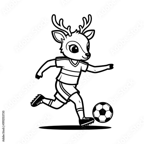 Outline cartoon deer playing soccer, dribbling a football in black and white, sport animal mascot drawing for kids.