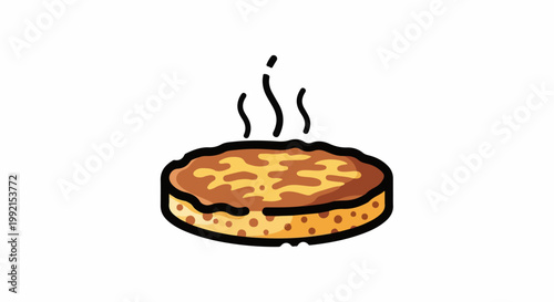 A stylized, round, baked item with a browned top and visible steam rising