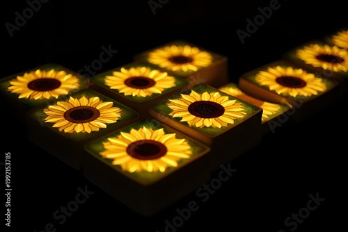 Charming low-light shot captures sunflower-shaped candles, their warm light radiating against a dark background, creating a cozy ambiance.