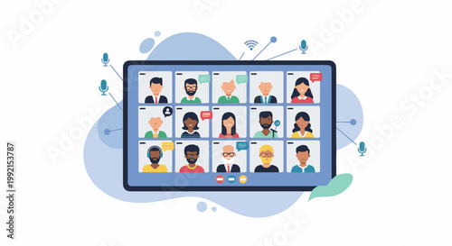 A tablet displays a grid of diverse people in video call squares with microphones