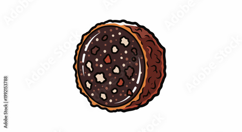 A stylized, round, dark brown pastry with a textured outer edge and a topping of lighter brown and cream-colored pieces