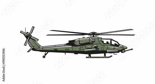 A stylized, side-view illustration of a military attack helicopter in green, with rotors, tail rotor, landing gear and armament