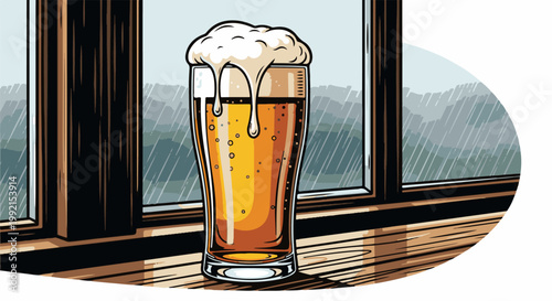 A tall glass of frothy amber beer sits on a wooden surface against a rainy window