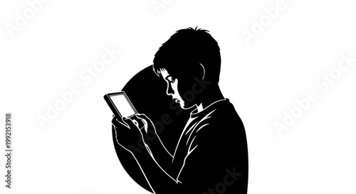 A stylized illustration shows a young person engrossed in a mobile device