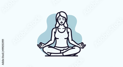 A stylized illustration shows a woman meditating in a lotus position, with eyes closed, serene