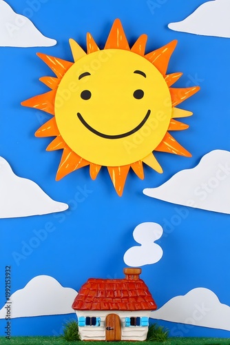 Cheerful smiley sun illustration shining brightly over a quaint miniature house with smoke rising from its chimney, set against a blue sky with white clouds.