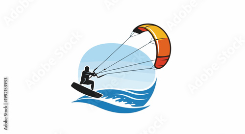 A stylized silhouette of a kiteboarder riding on the ocean waves under a bright blue sky