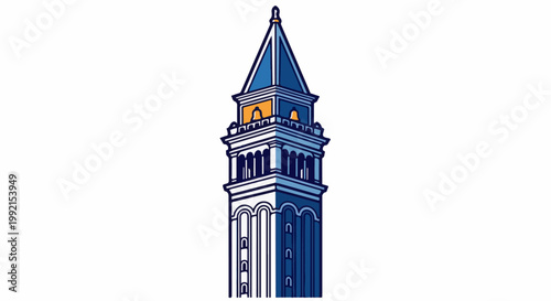 A tall, narrow tower with a pointed blue roof, white arches, and blue detailing