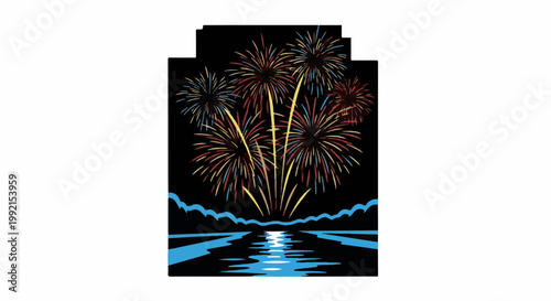A vibrant display of fireworks illuminates a dark night sky above a tranquil body of water, reflecting the colorful bursts