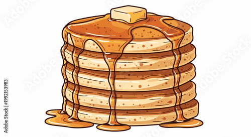 A tall stack of golden pancakes, generously drizzled with syrup and topped with a pat of melting butter