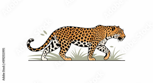 A stylized leopard walks gracefully across a white background with a hint of green grass