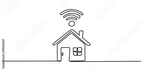 Continuous line drawing of a smart house with a wireless wifi signal symbol above it Vector, illustration