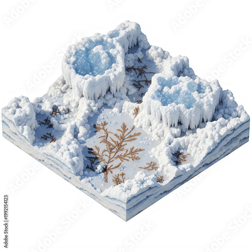 Delicate blue and white floral arrangement on a frosted surface