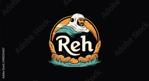 A stylized man in traditional desert attire gazes stoically, with flowing robes, set within an oval frame