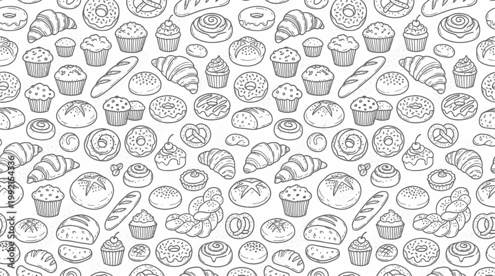 Fototapeta premium Bakery Items Seamless Pattern Line Art