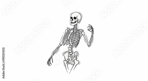 A stylized, monochromatic illustration of a human skeleton with a slightly sinister expression
