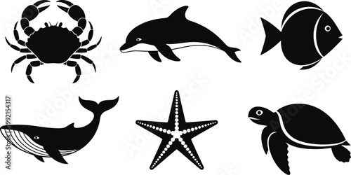 Marine animal silhouettes set including dolphin, whale, fish, crab, turtle and starfish in black vector style for ocean wildlife design illustration