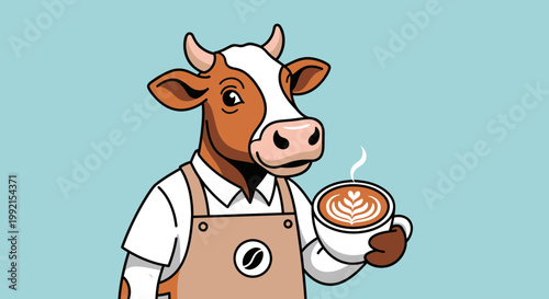 A cow in an apron serves coffee outdoors
