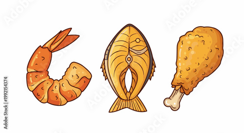 A trio of appetizing, cartoon-style seafood and poultry