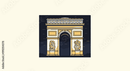 A stylized illustration of a grand triumphal arch, featuring ornate sculptures and a distinctive arched entryway, set against a dark, textured background