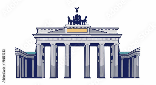 A stylized illustration of a grand neoclassical triumphal arch with a chariot on top