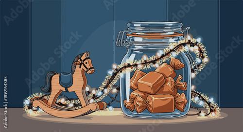 A wooden rocking horse sits beside a jar of wrapped candies and festive lights