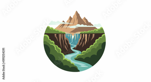 A stylized mountain landscape featuring a waterfall cascading into a river, surrounded by cliffs and lush greenery