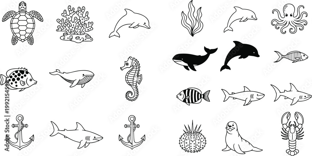 Obraz premium Ocean wildlife outline icon collection featuring dolphin, whale, shark, turtle, octopus, seahorse, coral, anchor and marine creatures in clean vector line style