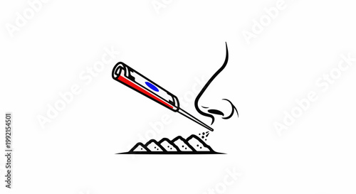 A stylized nose inhales a line of white powder from a red and blue tube
