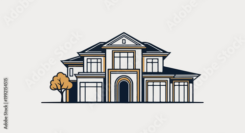 A stylized illustration of a large, multi-story house with a prominent arched entryway and attached garages, a single tree