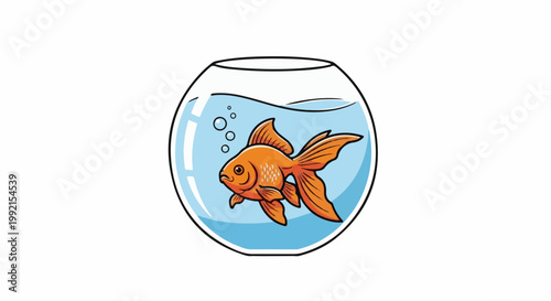 A vibrantly colored goldfish swims in a clear glass bowl filled with blue water and tiny bubbles