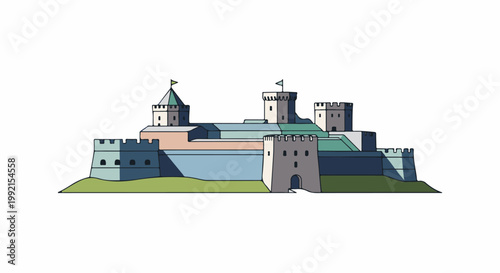 A stylized illustration of a medieval castle with multiple towers and crenellated walls