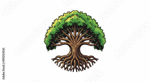 A stylized illustration of a mature tree with a prominent canopy and extensive root system