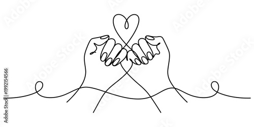 Continuous line drawing of two hands making a pinky promise with a heart shape on a white background. Vector, illustration