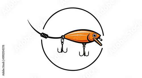 A stylized orange fishing lure with two treble hooks inside a black circular outline